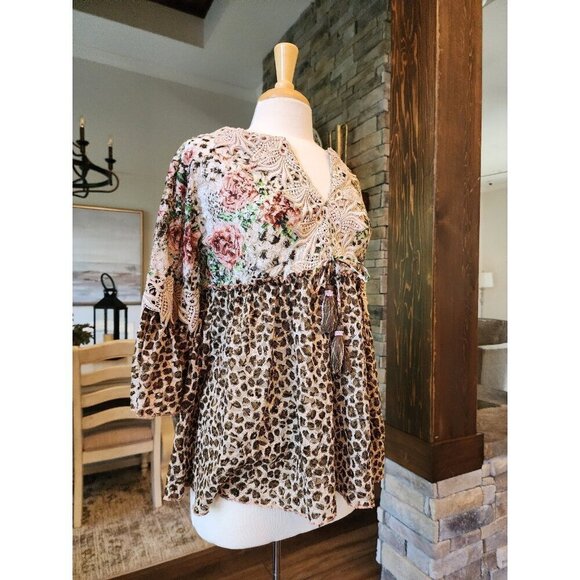 NJ Couture Bohemian People Boho Lace Leopard Floral Tassel Top Size‎ S/M Baydoll - Picture 4 of 12